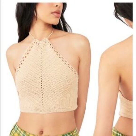 Free People Tops - Free People Crochet Halter Crop Top in Beige